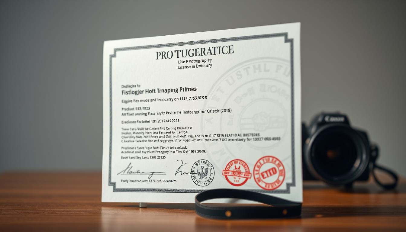 A high-resolution image of a photographer's license or permit, shot with a DSLR camera using a medium-length telephoto lens and natural soft lighting. The document should be the central focus, filling most of the frame, with a clean, uncluttered background that suggests a professional, business-like setting. The license should be shown in detail, with clear visibility of the text, stamps, and official seals, conveying a sense of legitimacy and legal authorization. The overall mood should be one of authority, credibility, and the importance of proper documentation in the digital content creation industry.