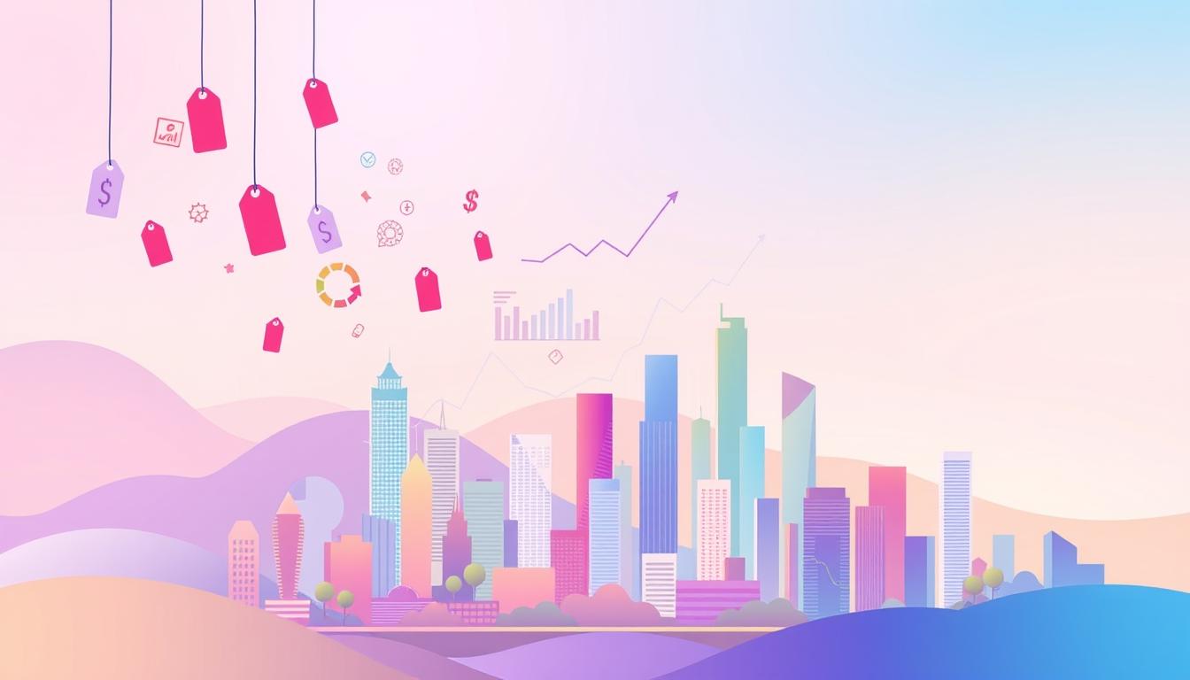 A vibrant digital illustration depicting the strategic pricing landscape. In the foreground, a series of price tags and symbols hover above a stylized cityscape, suggesting the dynamic interplay of supply, demand, and revenue models. The middle ground features a carefully curated arrangement of charts, graphs, and analytic visualizations, conveying the complexity of pricing decisions. In the background, a soft gradient of complementary hues creates a sense of depth and professionalism. Subtle lighting and a clean, minimalist aesthetic imbue the scene with a sense of thoughtful deliberation, befitting the &quot;Strategi Penetapan Harga, Komisi, dan Model Monetisasi Turunan&quot; subject matter.