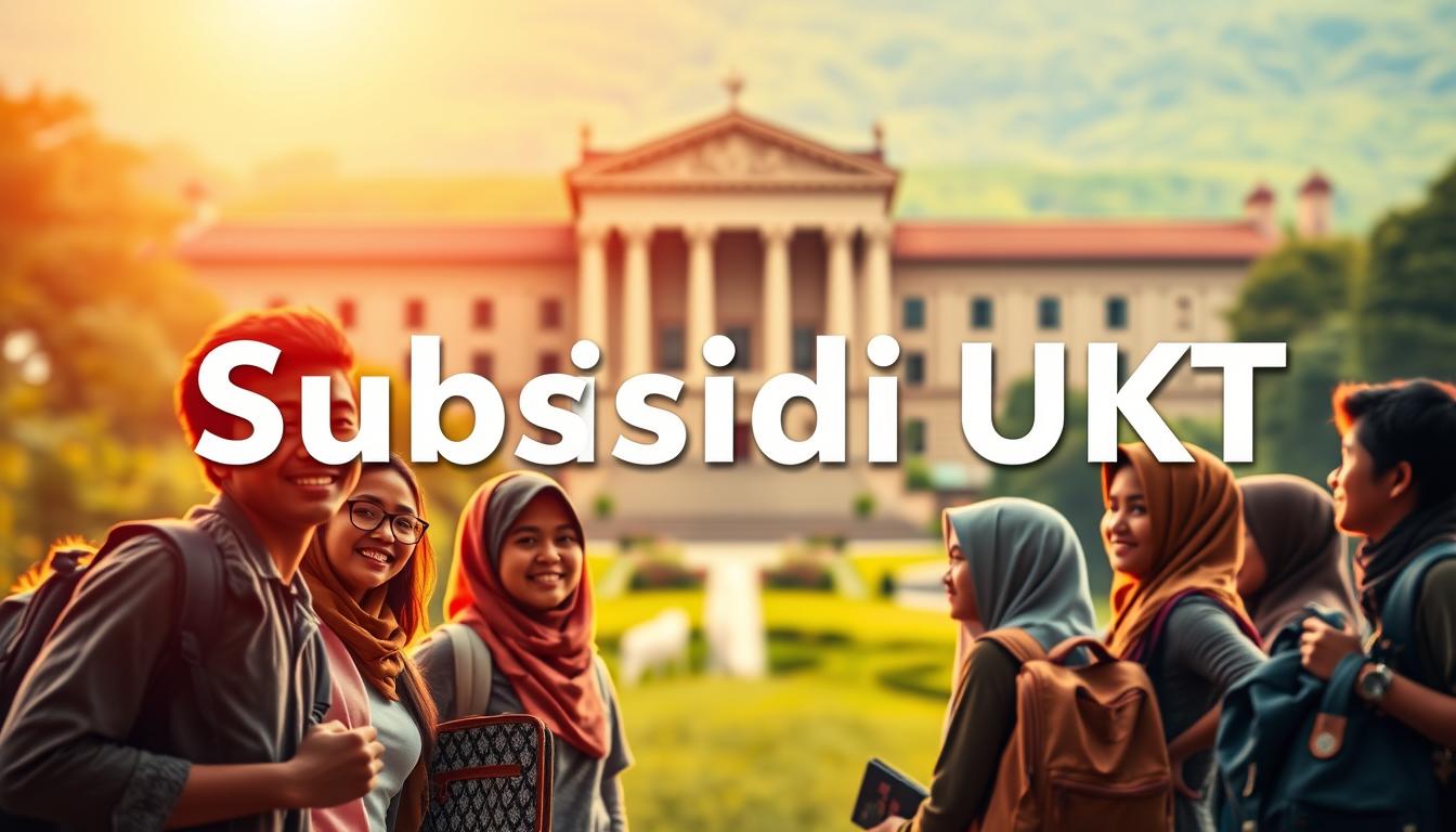 A striking visual representation of the "Subsidi UKT" program at the University of Gadjah Mada (UGM). In the foreground, a group of diverse students, each carrying a backpack, symbolizing the recipients of the tuition fee subsidies. Illuminated by warm, soft lighting, their expressions convey a sense of hope and gratitude. In the middle ground, a towering, neo-classical university building, its stately columns and ornate facade evoking the rich academic heritage of UGM. The background features a blurred, verdant landscape, suggesting the lush, serene campus environment. The overall composition conveys a sense of opportunity, progress, and the bright future that the "Subsidi UKT" program aims to foster for the students of the Faculty of Economics and Business at UGM.