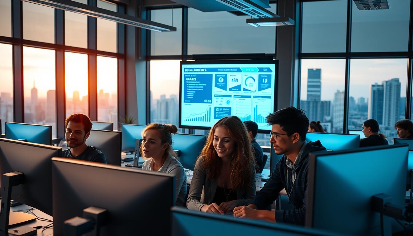 A modern, digital business classroom with sleek computers and screens. The foreground features a group of young, engaged students collaborating on a project, their faces illuminated by the glow of their displays. The middle ground showcases a large interactive whiteboard displaying digital marketing strategies and analytics. In the background, large windows provide natural light and a view of a bustling urban skyline, symbolizing the dynamic, tech-driven nature of the digital business field. The overall atmosphere is one of innovation, creativity, and the fusion of technology and entrepreneurship.