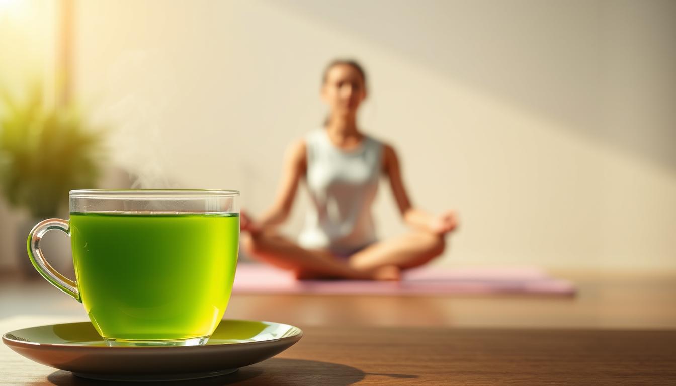 A serene, minimalist scene depicting the calming effects of green tea on mental health. In the foreground, a steaming cup of vibrant green tea is set against a soft, blurred background. The lighting is warm and natural, casting a soothing glow. In the middle ground, a person sits cross-legged, eyes closed, in a meditative pose, showcasing the mental focus and clarity that green tea can provide. The background features a calming, nature-inspired setting, such as a serene garden or a tranquil forest, conveying the restorative and rejuvenating properties of green tea for the mind and spirit.