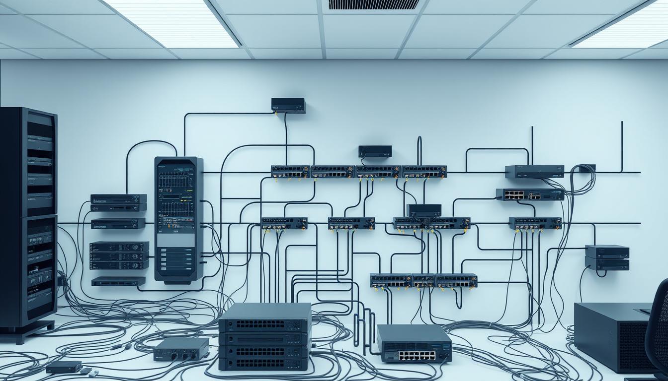 A detailed diagram of a computer network, with servers, routers, switches, and client devices connected via cables in a complex but organized layout. The scene is set in a modern office environment, with a neutral color palette and clean, minimalist design. Soft, even lighting illuminates the components, highlighting their technical details and conveying a sense of professionalism and functionality. The network diagram extends across the full frame, providing a comprehensive overview of the system architecture. The overall impression is one of a well-designed, efficient, and scalable computer network infrastructure.