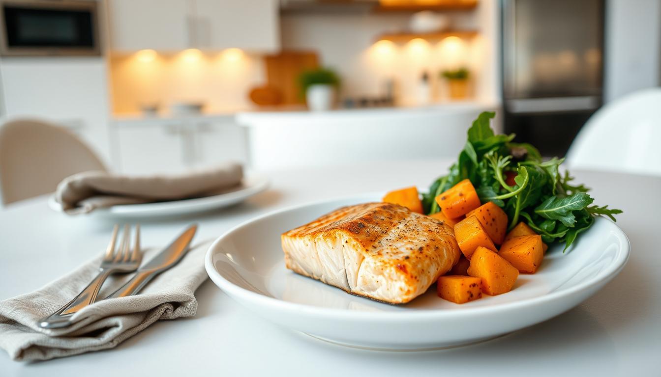 a perfectly portioned plate of a healthy, balanced dinner - in the foreground, a meal featuring a palm-sized portion of grilled salmon, a half-cup of roasted sweet potatoes, and a handful of sautéed leafy greens, all arranged in an artful, appetizing manner on a white ceramic plate; in the middle ground, a clean, minimalist table setting with a simple cloth napkin and stainless steel utensils; in the background, a softly lit, serene kitchen interior with white walls and natural wood accents, creating a calming, inviting atmosphere; the lighting is warm and slightly diffused, casting gentle shadows and highlighting the textures of the food; the camera angle is slightly elevated to give an overview of the perfectly proportioned plate, conveying a sense of balance, moderation, and health.
