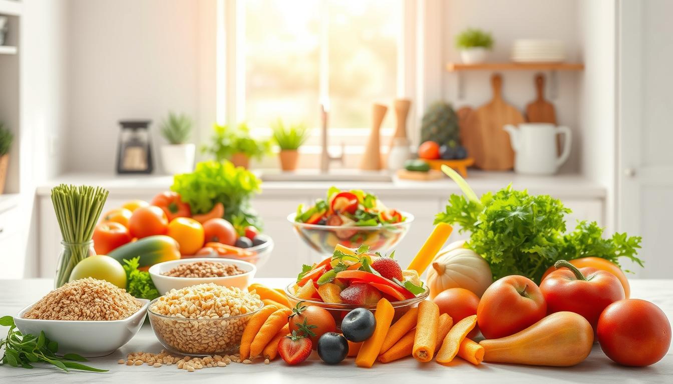 a vibrant and visually appealing illustration of the fundamental principles of a healthy menu. a clean, well-organized kitchen counter with fresh, colorful ingredients arranged in an aesthetically pleasing manner. in the foreground, a variety of whole grains, lean proteins, fruits, and vegetables are prominently displayed, with a focus on portion control and balance. in the middle ground, a neatly prepared meal, such as a salad or a stir-fry, showcases the principles of combining these healthy elements. the background features a bright, airy, and minimalist setting, with natural lighting casting a warm glow over the scene. the overall mood is one of simplicity, health, and culinary elegance.
