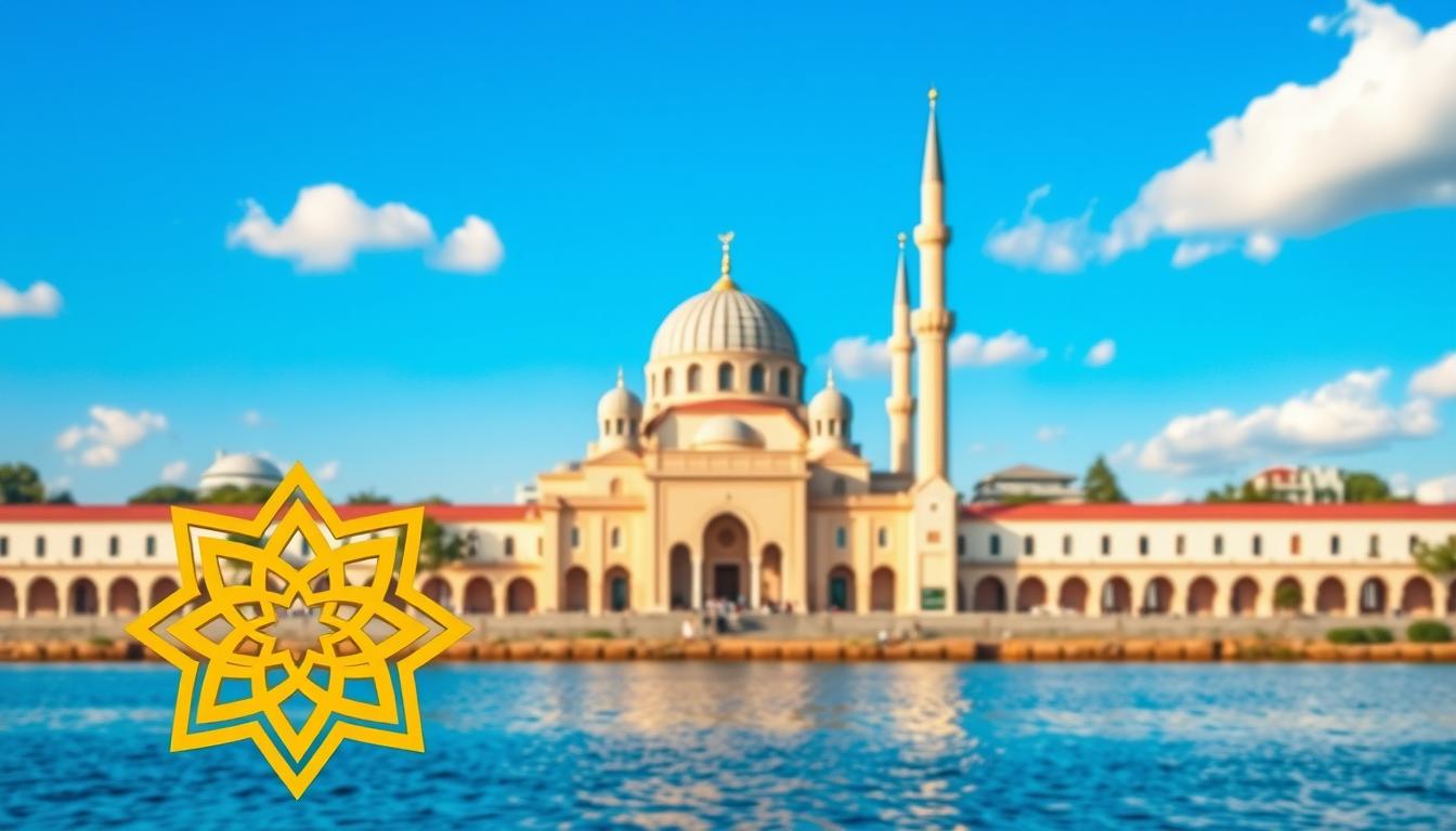 A vibrant and serene scene depicting the core principles of Islamic finance. In the foreground, a stylized illustration of a golden Islamic geometric pattern represents the central tenet of riba-free banking. In the middle ground, an ornate mosque dome and minaret rise against a cloudless azure sky, symbolizing the religious foundations of the system. In the background, a tranquil river or lake reflects the architectural elements, creating a harmonious and calming atmosphere. The overall composition conveys a sense of balance, tradition, and spirituality, embodying the essence of the Sharia-compliant economic model.