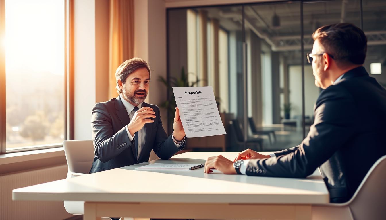 A professional office setting with a businessman presenting a proposal document to a colleague, sitting across a modern, minimalist desk. Warm, natural lighting cascades through large windows, creating a pleasant, inviting atmosphere. The businessman's expression is one of confidence and enthusiasm, gesturing animatedly as he explains the details of the proposal. The colleague listens intently, their body language conveying engagement and interest. The scene evokes a sense of productive collaboration and the potential for a successful partnership through Upwork.