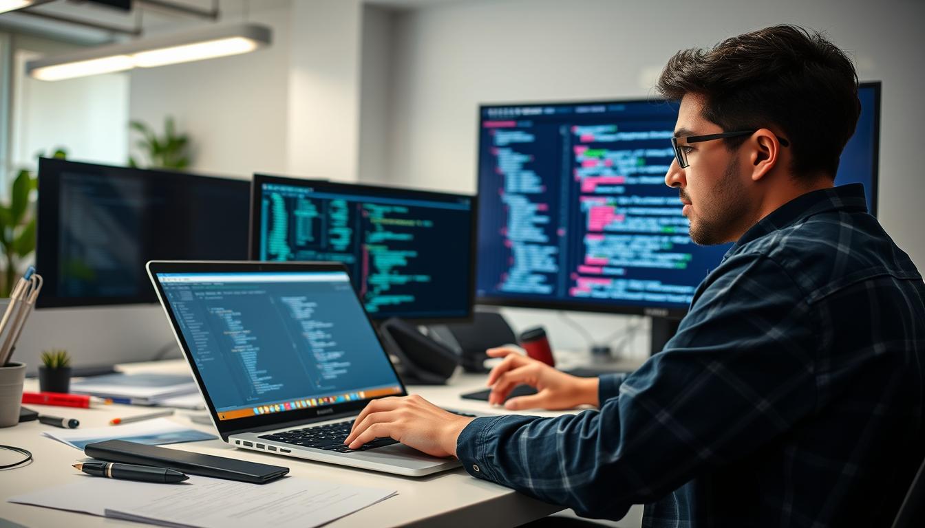 A well-lit software engineering workstation featuring a developer coding on a sleek laptop, surrounded by a clean, modern office environment. The developer is engrossed in their work, with a focused expression, their hands moving swiftly across the keyboard. In the background, a large monitor displays complex software code, while a selection of engineering tools and reference materials are neatly organized on the desk. The scene conveys a sense of professionalism, productivity, and the intellectual challenge inherent in the software engineering discipline.