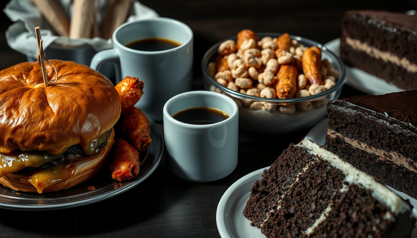 A close-up shot of various foods that should be avoided before bedtime, including a greasy cheeseburger, a plate of spicy wings, a mug of coffee, a bowl of sugary cereal, and a large slice of chocolate cake. The items are arranged on a dark wooden table, with a moody, low-key lighting that casts dramatic shadows, creating a sense of unease and heaviness. The image conveys the idea that these indulgent, heavy, and stimulating foods can disrupt sleep and digestion if consumed too close to bedtime.