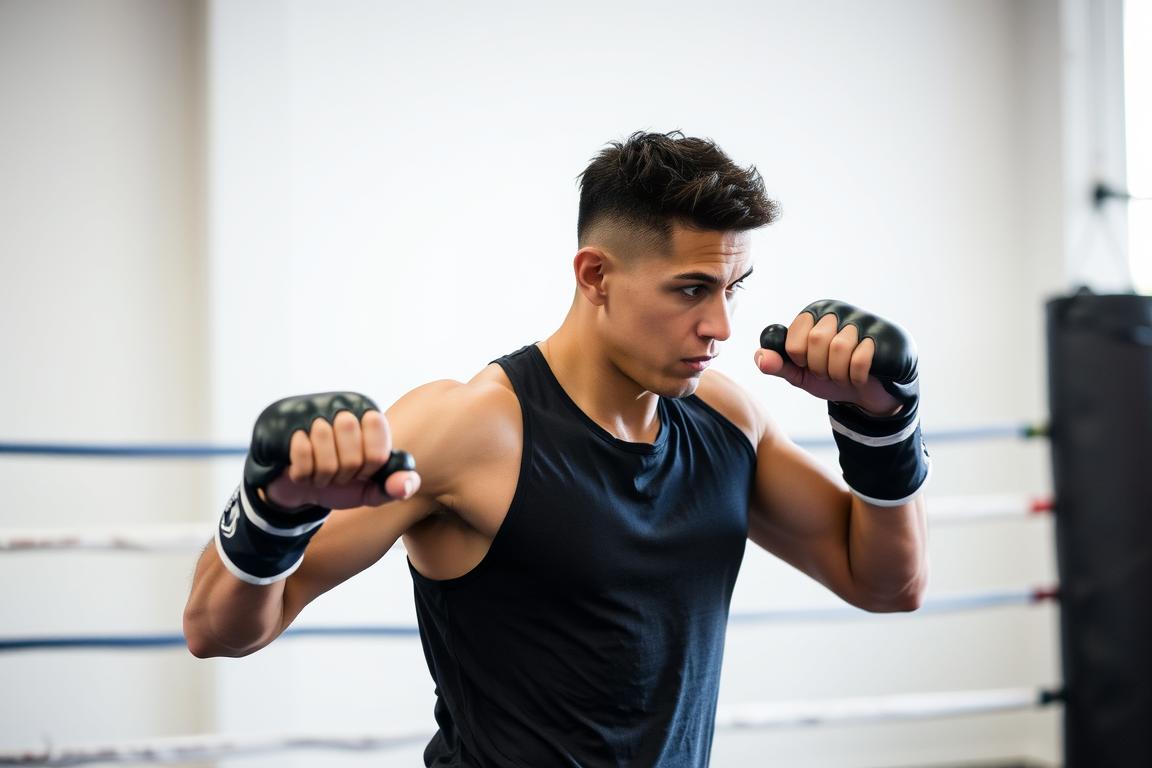 Atlet tinju melakukan shadow boxing dengan dumbbell ringan untuk meningkatkan kecepatan