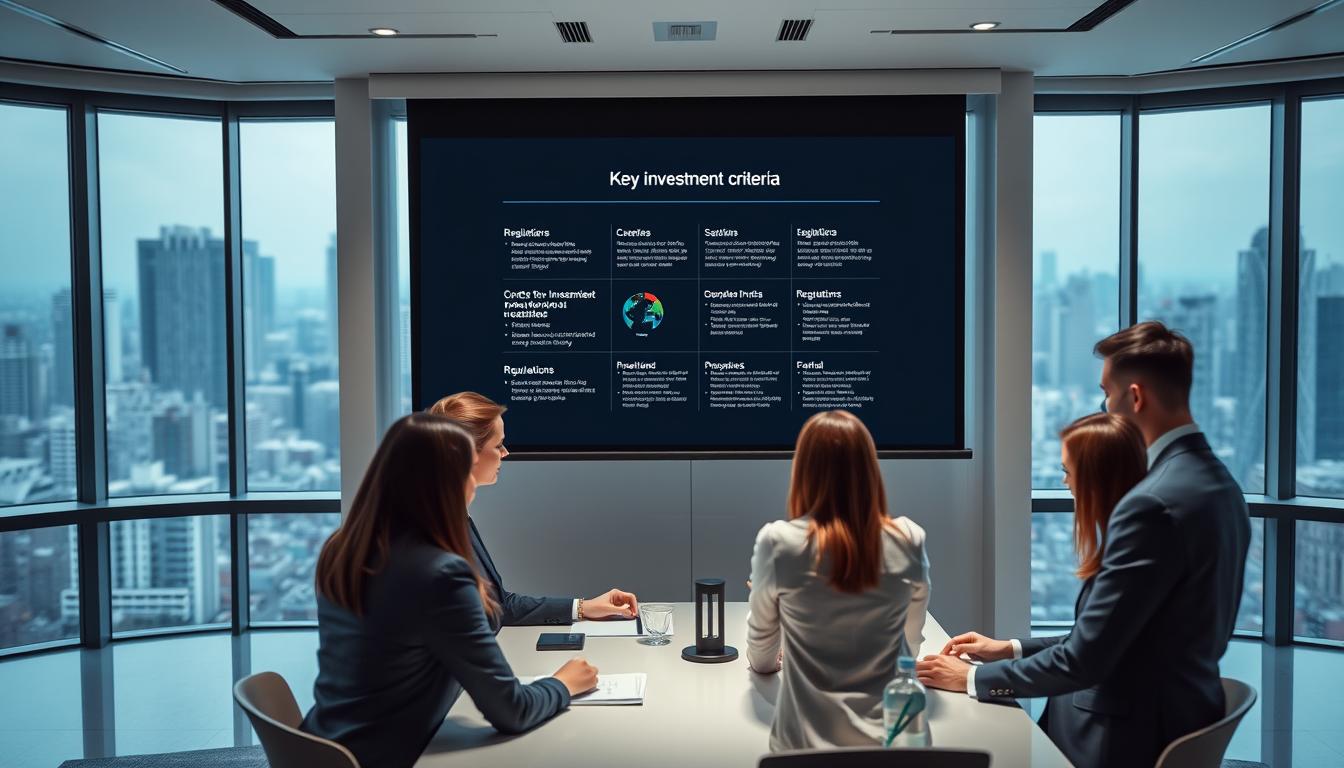 A sleek, modern office interior with large windows overlooking a bustling cityscape. In the foreground, a group of business professionals gathered around a conference table, engaged in a discussion. Soft, directional lighting illuminates their faces, conveying a sense of authority and professionalism. The middle ground features a projection screen displaying key investment criteria and regulations, with clean, minimalist infographics. In the background, the cityscape outside the windows is visible, suggesting the broader economic context and global connections. The overall mood is one of efficiency, collaboration, and the potential for international investment opportunities.