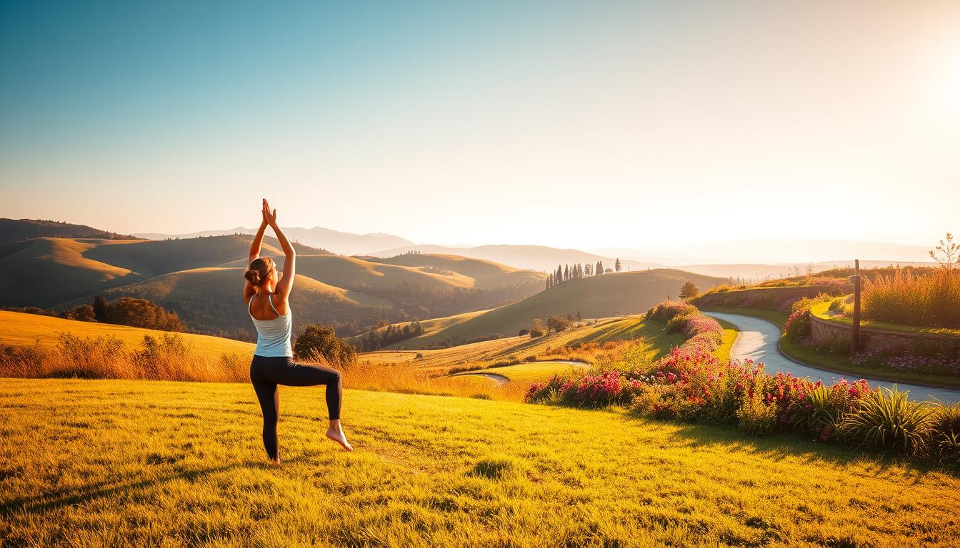 A serene outdoor scene showcasing a healthy lifestyle. In the foreground, a person performs yoga poses on a grassy field, bathed in warm, golden sunlight. The middle ground features a picturesque landscape with rolling hills, lush greenery, and a winding path leading into the distance. In the background, a vibrant, colorful garden with a variety of flowers and plants adds to the tranquil atmosphere. The scene conveys a sense of balance, mindfulness, and a connection with nature, inspiring the viewer to embrace an active, rejuvenating lifestyle.