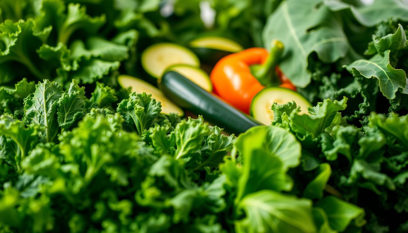 A close-up shot of a variety of fresh, vibrant green vegetables arranged in a natural, organic composition. The foreground features an assortment of leafy greens such as kale, spinach, and Swiss chard, with their crisp, textured leaves gently illuminated by soft, natural lighting. In the middle ground, some sliced cucumber, zucchini, and bell peppers add pops of color and contrast. The background subtly blurs, creating a sense of depth and emphasis on the nutrient-rich, antioxidant-packed produce. The overall mood is one of health, vitality, and the abundant nourishment found in these wholesome, garden-fresh ingredients.
