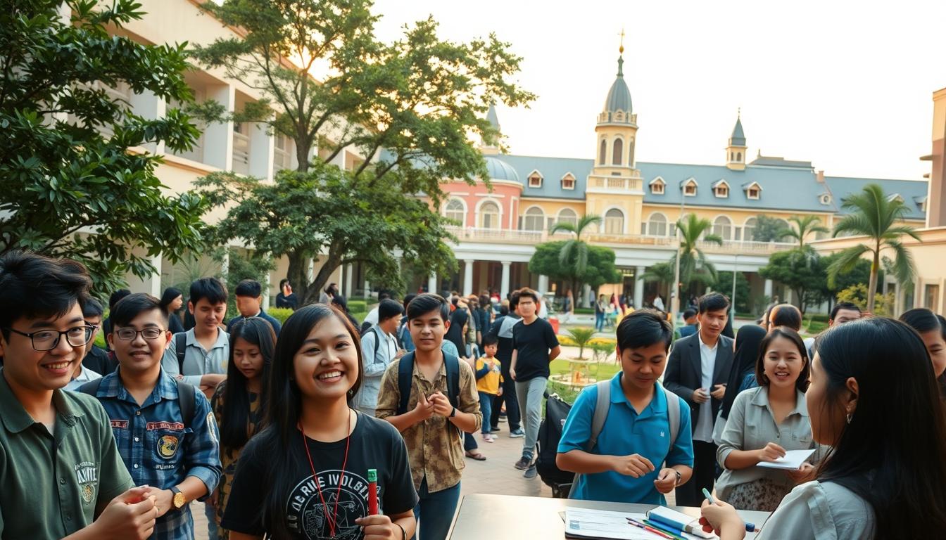 A lively and bustling scene of extracurricular activities at IPB University, captured in vibrant, cinematic detail. In the foreground, students enthusiastically participate in a variety of hands-on workshops and clubs, their faces alight with passion and engagement. The middle ground reveals a vibrant campus courtyard, with groups of friends engaged in animated discussions and informal gatherings. In the background, the iconic buildings of IPB University rise majestically, framed by lush greenery and a warm, golden-hour glow. The overall atmosphere conveys a sense of intellectual curiosity, community, and the richness of campus life beyond the classroom.