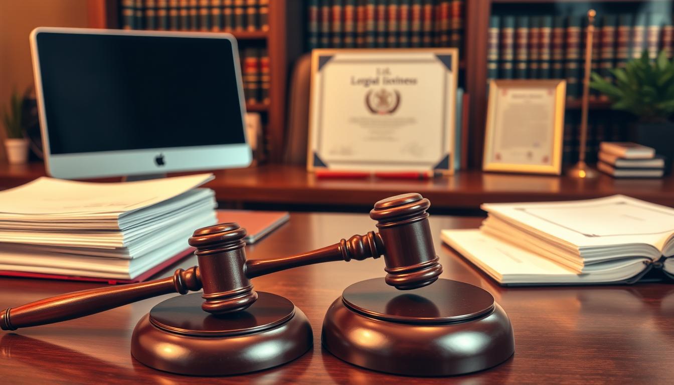 A professional and formal office setting with a wooden desk, computer, and various legal documents and certificates. The lighting is warm and slightly dimmed, creating a sense of authority and seriousness. In the foreground, a gavel and a stack of files symbolize the legal aspects of the business. The middle ground features a certificate or license prominently displayed, indicating the legality and compliance of the enterprise. In the background, a bookshelf filled with legal tomes and a framed diploma or award add to the air of professionalism and legitimacy. The overall atmosphere conveys the importance of proper business registration and licensing for a successful dropshipping venture in the Indonesian market.