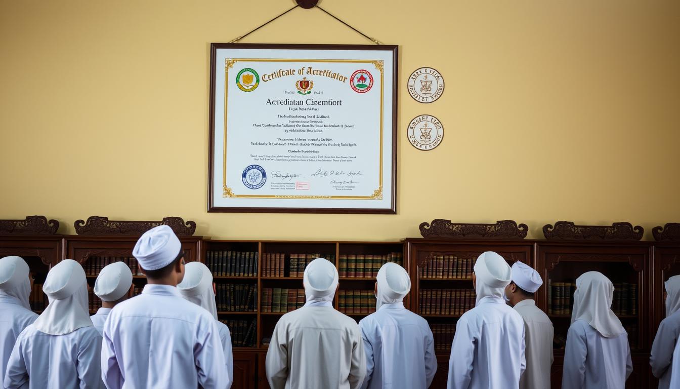A certificate of accreditation hanging prominently on the wall of a traditional Islamic boarding school (pesantren). The certificate is emblazoned with official seals and stamps, signifying the school's academic excellence and recognition by the government. In the foreground, a group of students in white robes and turbans stand proudly, gazing up at the certificate. The middle ground features ornate wooden furnishings and shelves filled with religious texts. The background is softly lit, with warm hues and a sense of reverence, highlighting the importance of this academic achievement within the pesantren's hallowed halls.