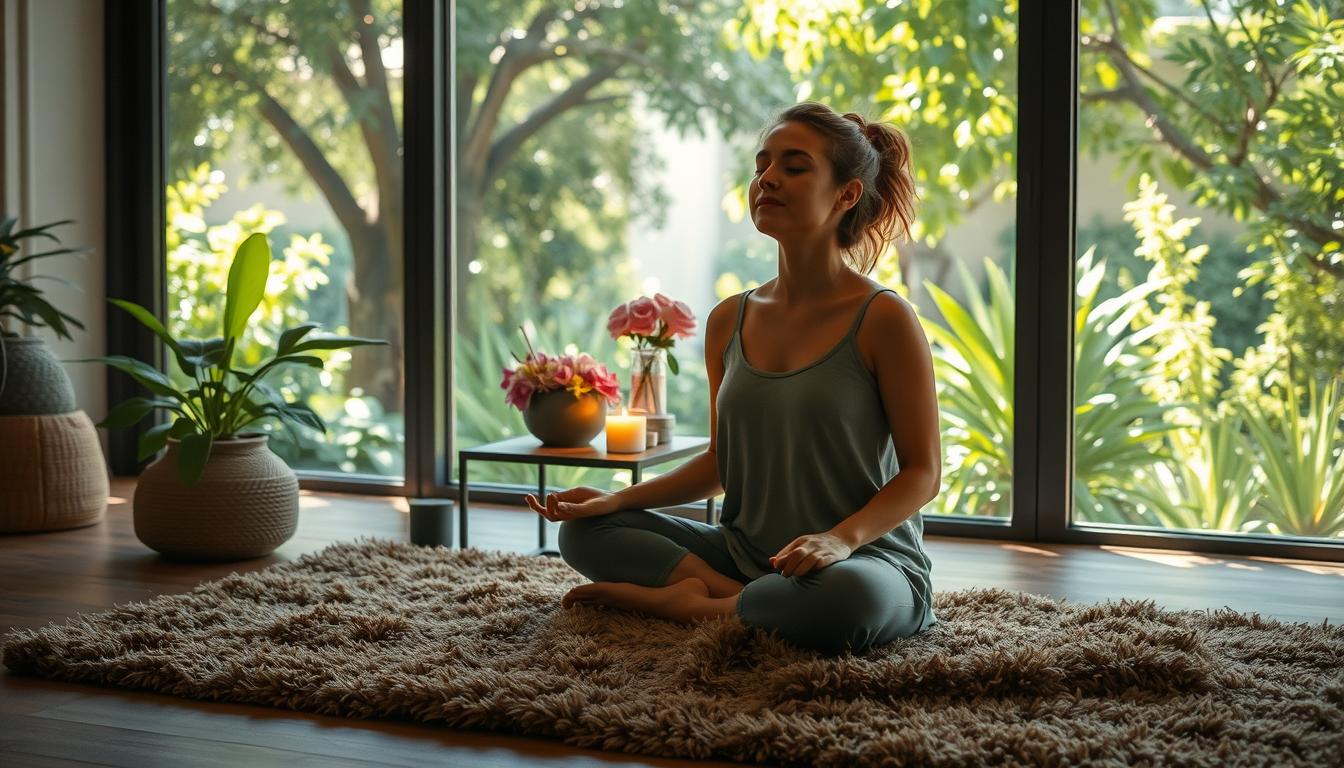 A serene scene of a person practicing relaxation techniques, surrounded by elements that evoke a sense of tranquility. In the foreground, a person sitting cross-legged on a plush, earthy-toned rug, their eyes closed and expression peaceful, hands resting gently on their lap. The middle ground features a small table with a candle, incense, and a bowl of fresh flowers, casting a warm, soothing glow. In the background, a large window overlooking a lush, verdant garden, with sunlight filtering through the leaves and creating a soft, natural ambiance. The overall atmosphere is one of deep relaxation, mindfulness, and connection with the natural world.