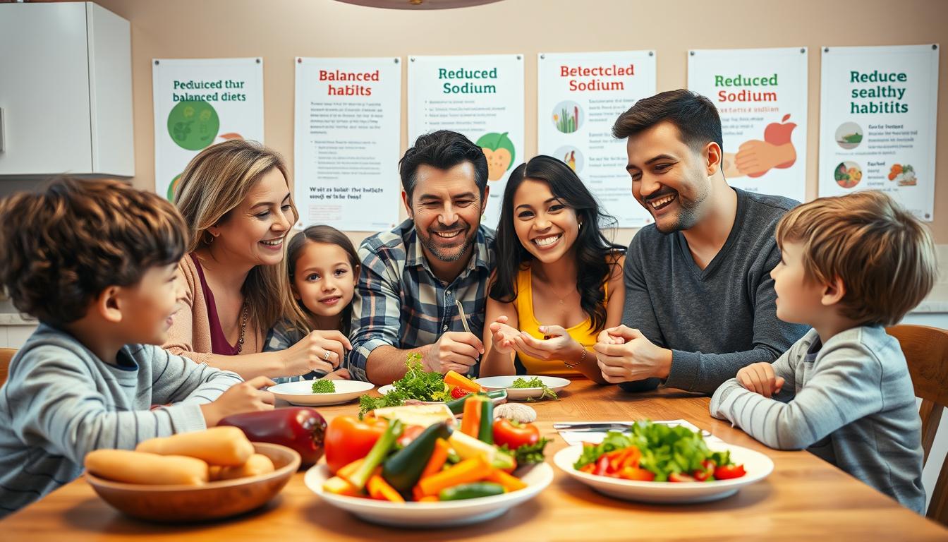 A close-knit family sitting around a kitchen table, engaged in a lively discussion about healthy eating habits. Soft, warm lighting casts a cozy glow, highlighting their attentive expressions. In the foreground, a nutritious meal takes center stage, with vibrant, fresh ingredients. In the background, informative posters and educational materials on balanced diets and reduced sodium intake are visible, creating an atmosphere of learning and empowerment. The scene conveys a sense of togetherness, openness, and a genuine desire to foster healthier lifestyles through open dialogue and shared knowledge.
