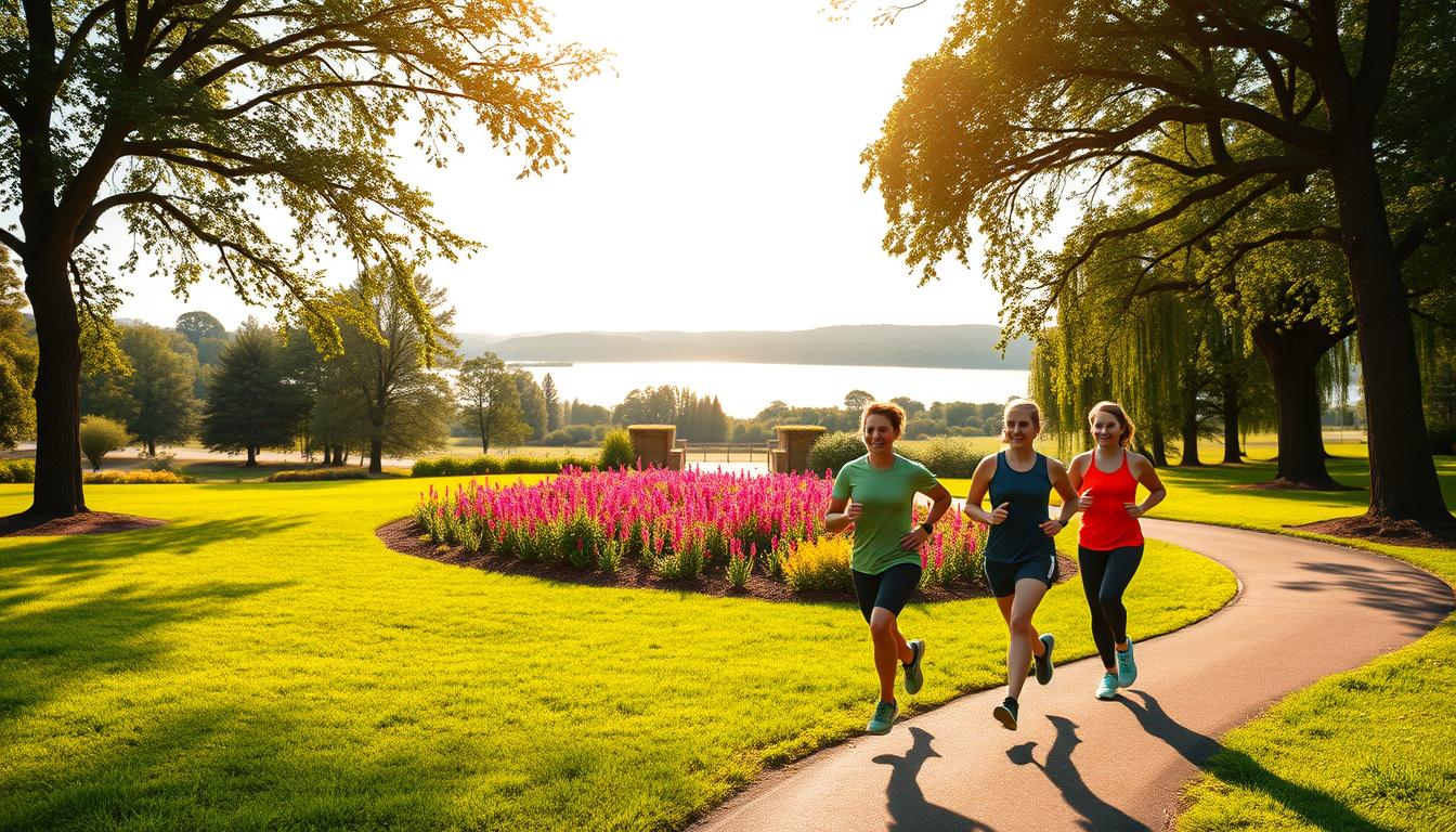 A lush, verdant park setting, with a jogger's track winding through the landscape. In the foreground, a group of runners in vibrant sportswear, their faces alight with energy and camaraderie. The middle ground features a well-tended garden, bursting with colorful flora that provides a serene backdrop. In the distance, a pristine lake reflects the sky, its tranquil waters complementing the overall atmosphere of health and harmony. Warm, diffused sunlight filters through the canopy of trees, casting a golden glow over the scene. The composition captures the essence of a thriving community of runners who have embraced a sustainable, environmentally-conscious lifestyle.