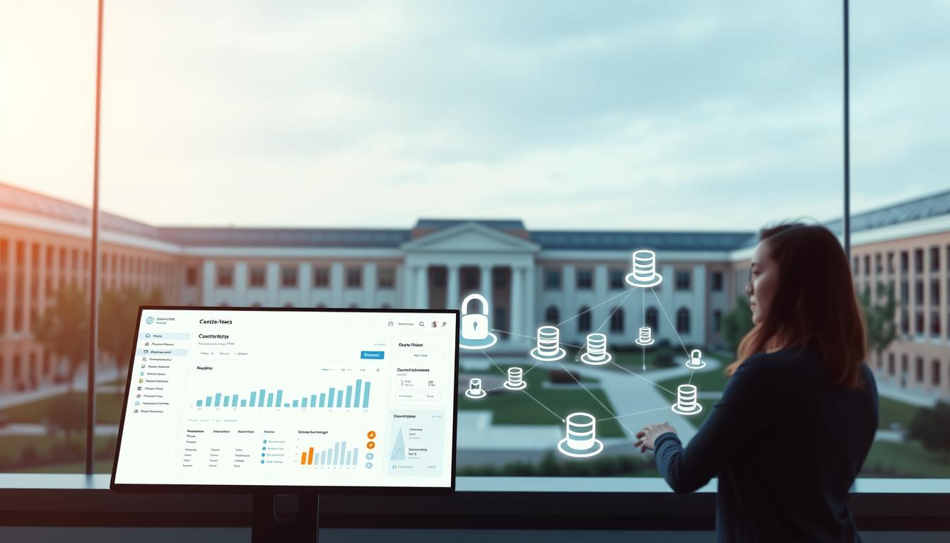 A centralized academic system with seamless integration, showcasing interconnected modules for streamlined student data management. In the foreground, a minimalist dashboard interface displays real-time analytics and personalized academic progress. The middle ground features a secure network of linked databases, symbolizing the efficient flow of information between departments. In the background, a sleek, modern university campus backdrop provides a sense of institutional authority and credibility. The lighting is soft and directional, creating a professional, technology-driven atmosphere. The camera angle is slightly elevated, conveying a bird's-eye view of the integrated system's holistic functionality.
