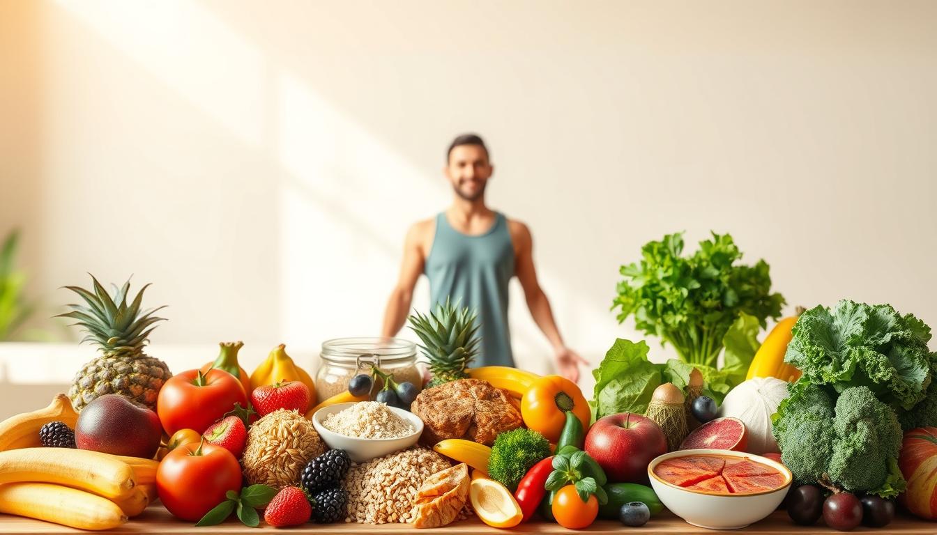 A vibrant, photorealistic illustration depicting the benefits of a balanced diet for human health. In the foreground, a diverse array of nutrient-rich foods - fruits, vegetables, whole grains, lean proteins, and healthy fats - are artfully arranged, conveying the idea of a well-rounded, nourishing meal. The middle ground features a human figure, radiating vitality and wellness, embodying the positive effects of proper nutrition. The background showcases a clean, minimalist setting, allowing the subject to take center stage. Warm, natural lighting bathes the scene, creating a serene, inviting atmosphere. The overall composition emphasizes the harmony between optimal nutrition and physical well-being.