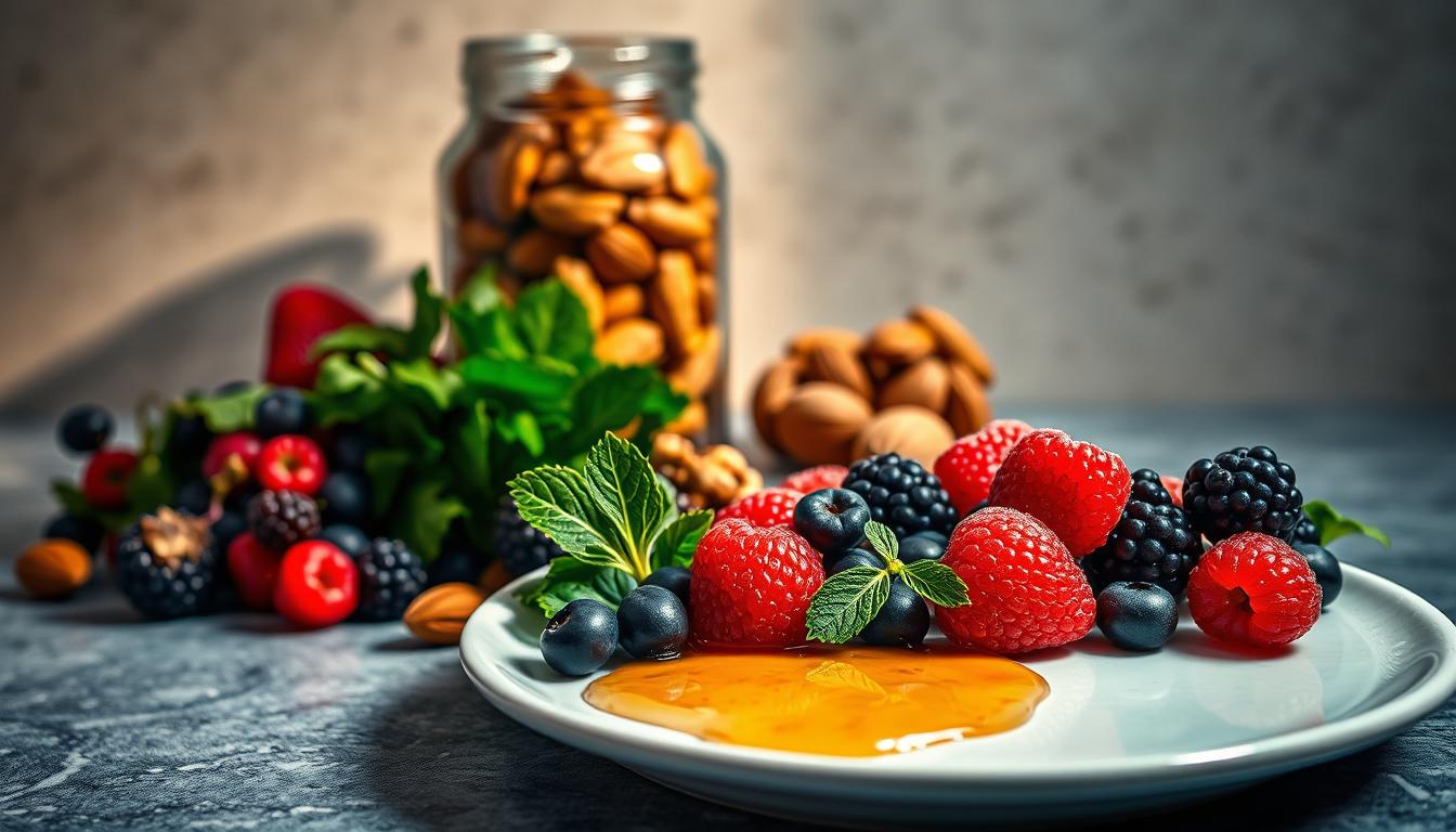 A visually appetizing still life composition showcasing a selection of brain-boosting foods. In the foreground, a plate featuring an arrangement of vibrant berries, dark leafy greens, and a drizzle of honey. In the middle ground, a glass jar filled with walnuts and almonds, casting warm, directional lighting across the scene. The background features a neutral, textured surface, allowing the colors and textures of the food to take center stage. The overall mood is one of nourishment and health, inviting the viewer to contemplate the connection between diet and cognitive function.