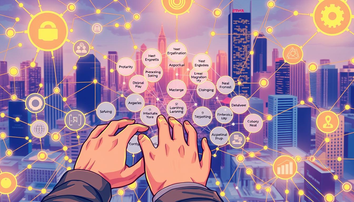 A vibrant and dynamic illustration showcasing the essential soft skills of a competitive Indonesian system engineer. In the foreground, a skilled engineer navigates a complex web of technological elements, their hands deftly maneuvering a sleek, futuristic interface. The middle ground highlights a diverse range of interpersonal abilities, from effective communication and problem-solving to adaptability and critical thinking. In the background, a bustling cityscape represents the fast-paced, ever-evolving technology industry, emphasizing the importance of these invaluable soft skills. Warm lighting illuminates the scene, conveying a sense of professionalism and expertise. The composition is balanced, with clean lines and a cohesive color palette, reflecting the well-rounded nature of the engineer's skillset.