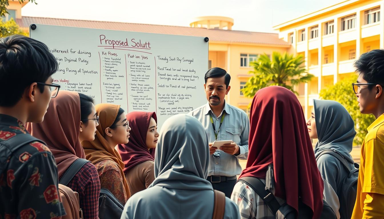 A vibrant, detailed scene depicting a proposed solution to the UKT (Uang Kuliah Tunggal) issue faced by university students. In the foreground, a group of determined students gather, engaged in earnest discussion. Behind them, a large, informative whiteboard displays key points and potential resolutions. The middle ground features a thoughtful university administrator, listening intently and taking notes. In the background, the campus building is bathed in warm, natural lighting, conveying a sense of collaborative problem-solving. The overall mood is one of optimism and a shared commitment to finding an equitable solution to the UKT challenge.