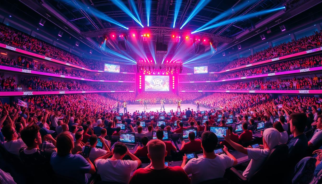 A massive arena filled with cheering crowds, the stage bathed in vibrant lights. In the center, skilled gamers intensely focused on their screens, their fingers flying across keyboards and controllers as they compete in a thrilling national e-sports tournament. Surrounding the stage, rows of spectators watch with rapt attention, their eyes glued to the action unfolding before them. The atmosphere crackles with anticipation and the thrill of competition, as the best e-sports athletes in the country put their skills to the test in a quest for glory and national pride.
