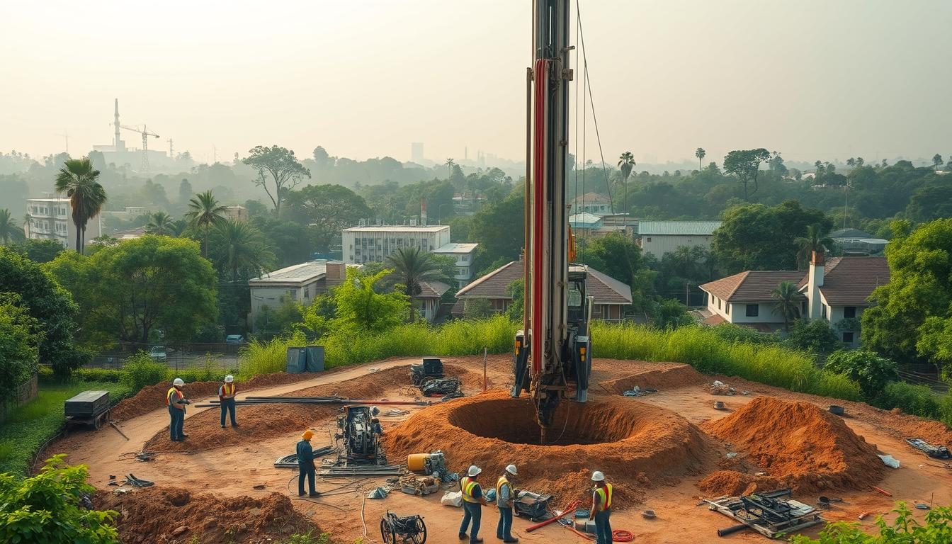 A pristine construction site nestled amidst lush greenery, showcasing the installation of a deep borewell. In the foreground, a powerful drilling rig stands tall, its hydraulic arms piercing the earth with precision. Surrounding the rig, workers in hard hats and safety vests oversee the operation, ensuring the smooth progress of the project. In the middle ground, a mix of modern machinery and traditional hand tools lie scattered, reflecting the blend of advanced technology and human expertise. In the background, the silhouettes of a nearby hotel, factory, and residential homes emerge, hinting at the diverse range of clients being served by this borewell installation service. Soft, diffused lighting casts a warm glow over the scene, creating an atmosphere of efficiency and professionalism.