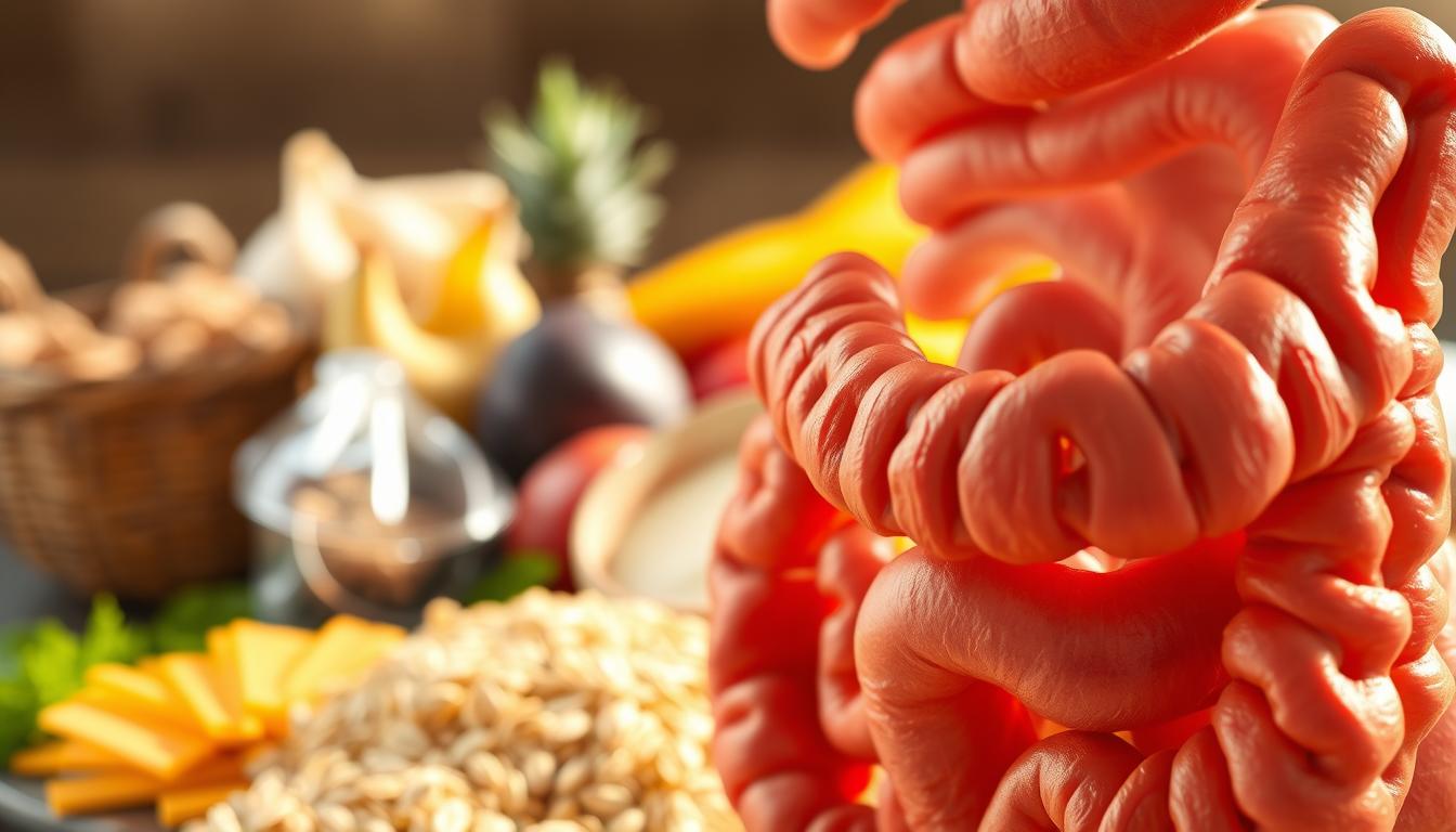 A close-up shot of a healthy digestive system, showcasing the importance of dietary fiber. In the foreground, a vibrant, realistic illustration of the small and large intestines, their intricate folds and textures meticulously rendered. In the middle ground, a variety of high-fiber foods, such as whole grains, fruits, and vegetables, arranged harmoniously. The background is softly blurred, creating a sense of depth and emphasis on the central subject. The lighting is natural and warm, casting a gentle glow on the scene, conveying a sense of wellness and vitality. The overall composition and color palette evoke a serene, educational, and informative atmosphere, perfectly suited to illustrate the significance of dietary fiber for digestive health.