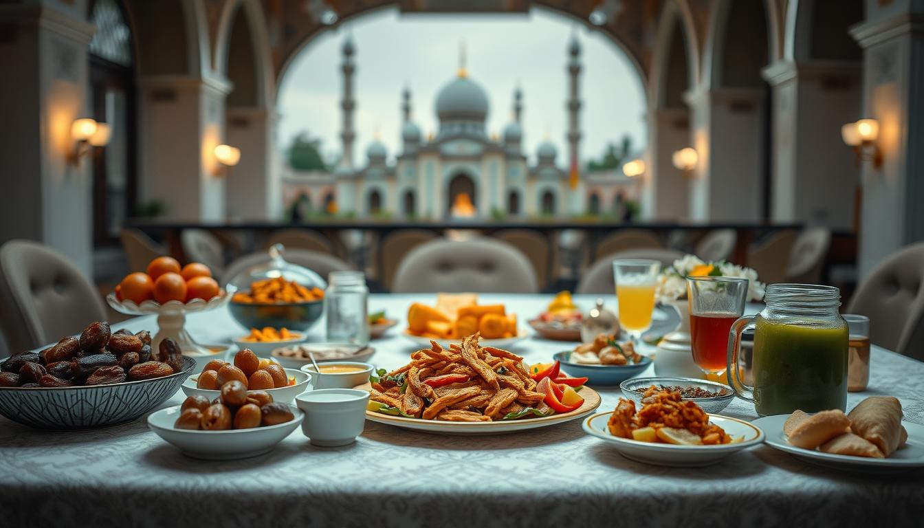 A neatly arranged table with an assortment of traditional Indonesian iftar dishes, including dates, fresh fruits, savory dishes, and refreshing drinks. Soft, diffused lighting casts a warm, inviting glow across the scene. In the background, a serene, blurred view of a mosque or other architectural element evokes the spiritual atmosphere of breaking the fast. The composition exudes a sense of harmony, balance, and thoughtful preparation, capturing the essence of "Perencanaan Menu Buka Puasa".