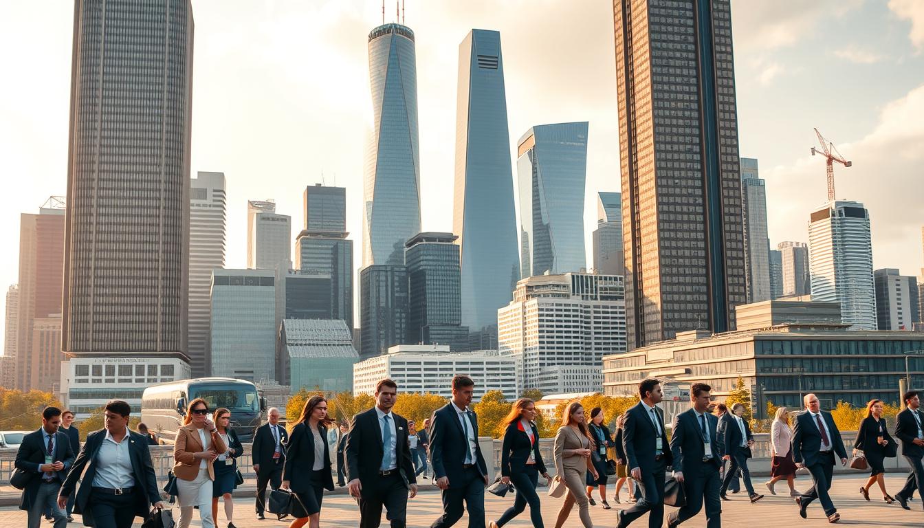 A bustling cityscape with towering skyscrapers and modern architecture, highlighting the diverse career opportunities for graduates in management and accounting. In the foreground, professionals in business attire stride purposefully, conveying the dynamic nature of the industries. The middle ground features a mix of office buildings, financial institutions, and industrial facilities, suggesting the broad spectrum of sectors accessible to these graduates. The background is bathed in warm, golden lighting, creating an atmosphere of prosperity and opportunity. The scene is captured through a wide-angle lens, emphasizing the scale and scope of the available job prospects.