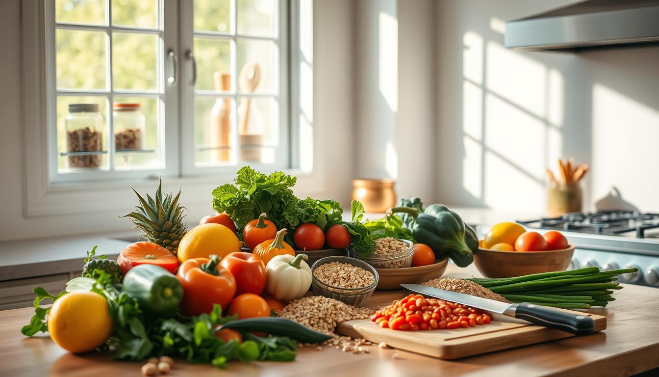 A serene kitchen scene, bathed in warm, natural lighting from a large window. On the countertop, an arrangement of fresh, whole foods - seasonal fruits, vegetables, grains, and legumes. Nearby, a cutting board with a sharp knife, symbolizing the preparation of homemade, minimally processed meals. In the background, a shelf displays glass jars filled with pantry staples, conveying a sense of intentional, mindful consumption. The overall atmosphere is one of simplicity, health, and a conscious effort to reduce reliance on ultra-processed foods.