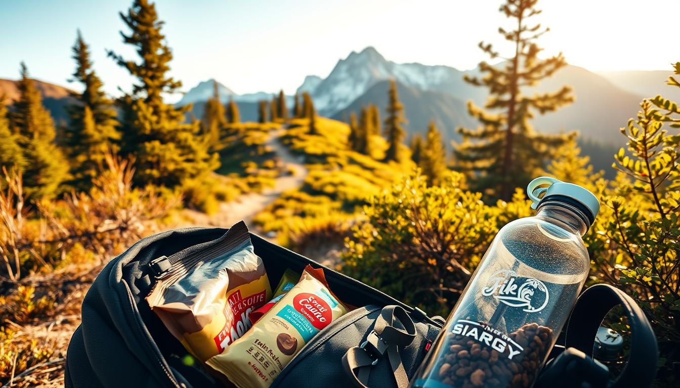 A hiker's backpack filled with energy-rich snacks and hydration essentials, resting on a scenic mountain trail. The foreground features a close-up of the backpack's contents - trail mix, energy bars, and a reusable water bottle. In the middle ground, the winding path leads up through lush, verdant vegetation, with rugged, snow-capped peaks rising in the distance. Warm, golden sunlight filters through the trees, casting a soft, natural glow. The overall atmosphere conveys a sense of adventure, preparedness, and a connection to the great outdoors.