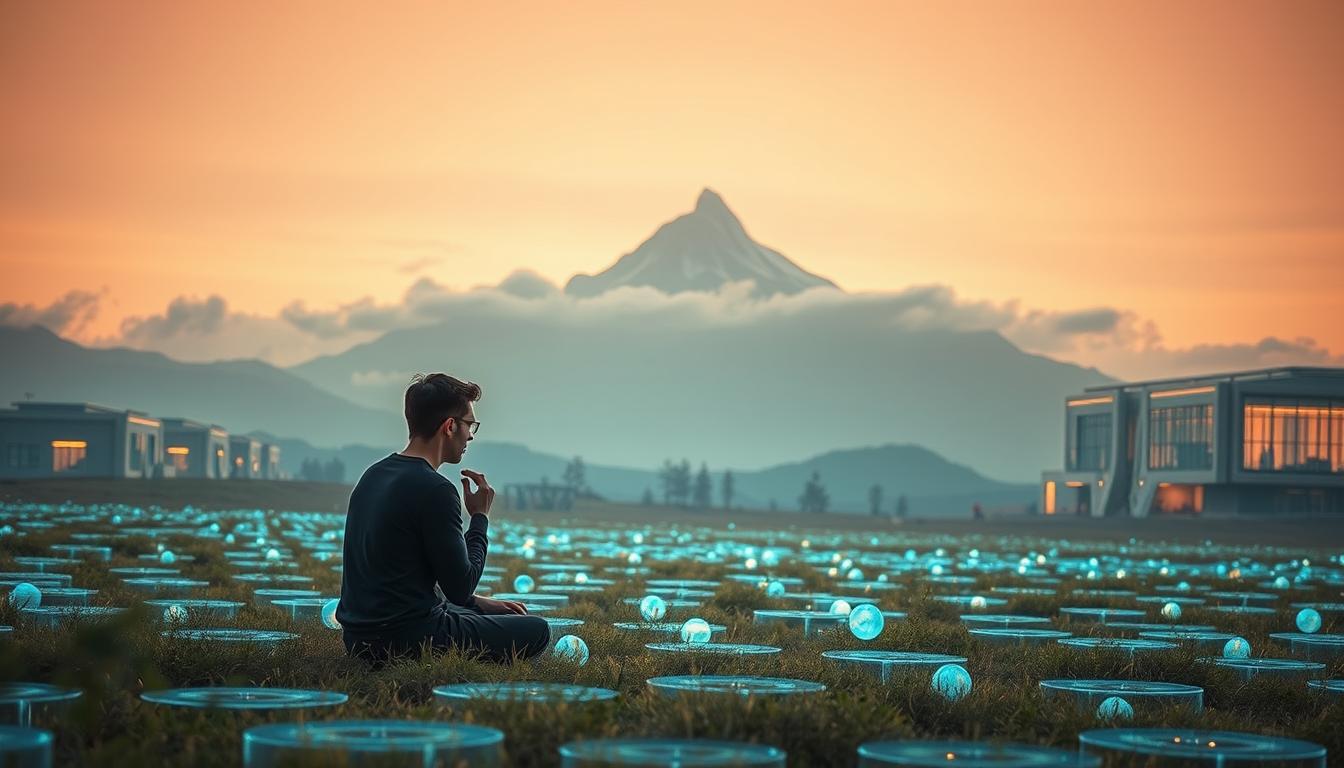 A serene, contemplative landscape depicting the interplay of contemporary philosophy and emerging technology. In the foreground, a pensive figure sits amid a field of glowing holographic displays, deep in thought. The middle ground features sleek, futuristic structures housing state-of-the-art research labs, their facades reflecting the surrounding natural environment. In the background, a majestic mountain range rises, its peaks shrouded in wispy clouds, symbolizing the timeless questions of human existence. Warm, diffused lighting casts a soft, ethereal glow, creating a sense of balance between the natural and the artificial. The overall mood is one of thoughtful contemplation, where the ancient wisdom of philosophy converges with the cutting edge of technological progress.