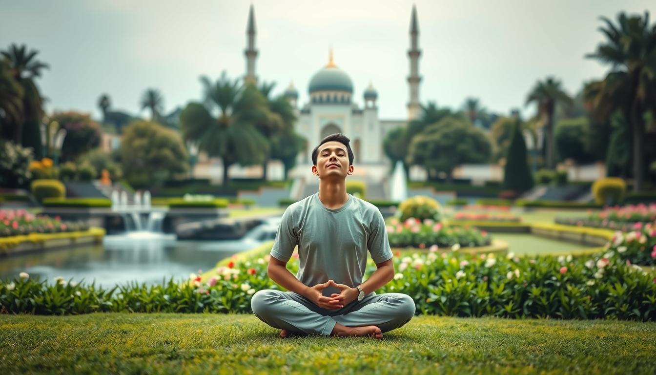 A serene and tranquil scene depicting the concept of mental health in the context of Islamic self-control. In the foreground, a person sits cross-legged, eyes closed, hands in a meditative mudra, exuding a sense of inner peace and emotional balance. The middle ground features a lush, verdant garden with flowing water and blooming flowers, symbolizing the harmony and rejuvenation of the mind and spirit. In the background, a majestic mosque or Islamic architectural structure stands tall, conveying the spiritual and philosophical underpinnings of self-control and mental well-being in the Islamic faith. The lighting is soft and diffused, creating a calming, contemplative atmosphere. The overall composition evokes a sense of balance, introspection, and the integration of the physical, mental, and spiritual realms.