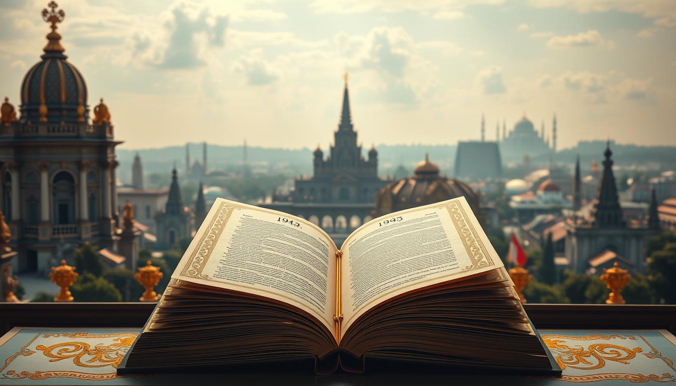 A grand, stately interpretation of the 1945 Constitution of Indonesia, set against a backdrop of historical landmarks and architectural wonders. In the foreground, a majestic, gilded representation of the constitution, its pages unfurled, radiating an aura of reverence and authority. The middle ground features intricate, symbolic motifs and patterns that evoke the core principles and philosophies woven into the founding document. In the distance, a panoramic view of iconic Indonesian landmarks, their silhouettes bathed in warm, golden light, signifying the document's enduring legacy and its role in shaping the nation. The overall composition conveys a sense of gravitas, tradition, and the profound significance of the 1945 Constitution as the cornerstone of Indonesia's political and social fabric.