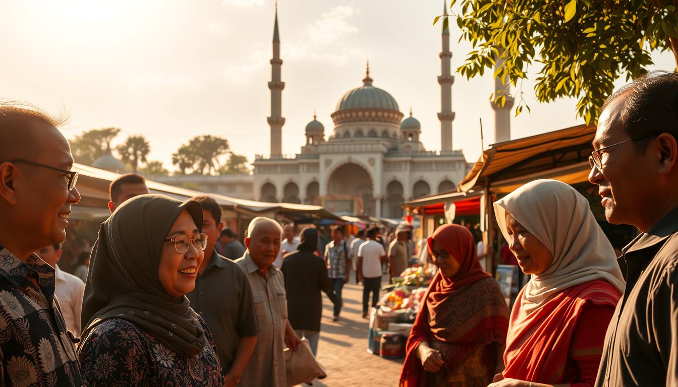 A serene, sun-dappled scene of a bustling Indonesian community, embodying the principles of a civil society. In the foreground, citizens engage in lively discourse, their expressions radiating a sense of harmony and mutual understanding. The middle ground features a vibrant marketplace, where vendors offer an array of local goods, fostering economic prosperity and social cohesion. In the background, a magnificent mosque stands tall, its intricate architecture reflecting the rich cultural heritage that underpins this thriving community. Warm, golden lighting casts a gentle glow, evoking a spirit of unity, tolerance, and shared responsibility that defines the essence of a civil society.