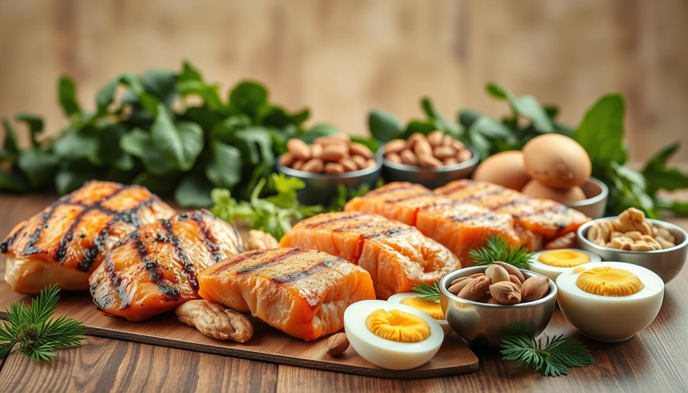 A visually striking still life composition showcasing a diverse array of protein-rich foods. In the foreground, juicy cuts of grilled chicken, seared salmon fillets, and a platter of hard-boiled eggs. In the middle ground, an assortment of nuts and seeds, including almonds, walnuts, and sunflower seeds, arranged in small bowls. The background features a lush, verdant backdrop, with leafy greens and fresh herbs adding a touch of vibrant greenery. Soft, directional lighting illuminates the scene, creating a warm, inviting atmosphere. The overall presentation is both appetizing and informative, conveying the importance of a balanced, protein-rich diet.