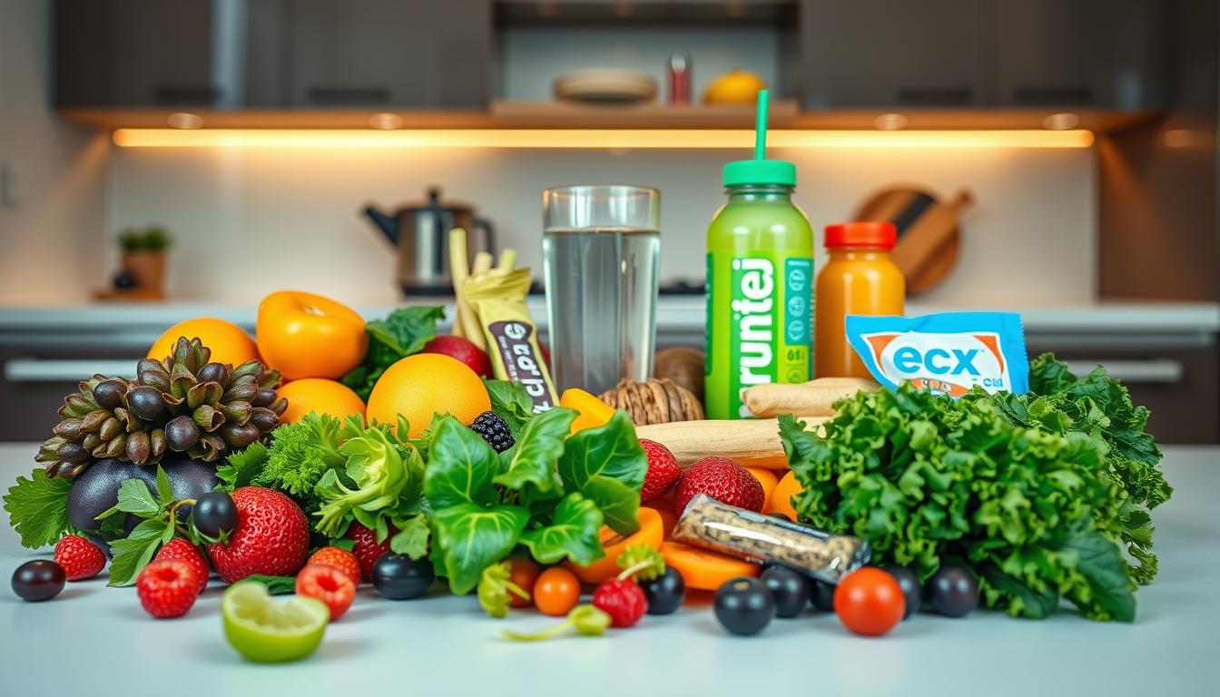 A vibrant still life composition depicting a runner's nutritional essentials. In the foreground, an array of fresh, colorful produce - leafy greens, vibrant berries, and crisp vegetables. In the middle ground, a glass of water and a protein-rich smoothie, complemented by energy bars and electrolyte-infused drinks. The background features a sleek, modern kitchen counter, illuminated by soft, diffused lighting that casts subtle shadows, emphasizing the natural textures and colors. The overall scene conveys a sense of health, vitality, and the balanced nutrition required to fuel a runner's active lifestyle.