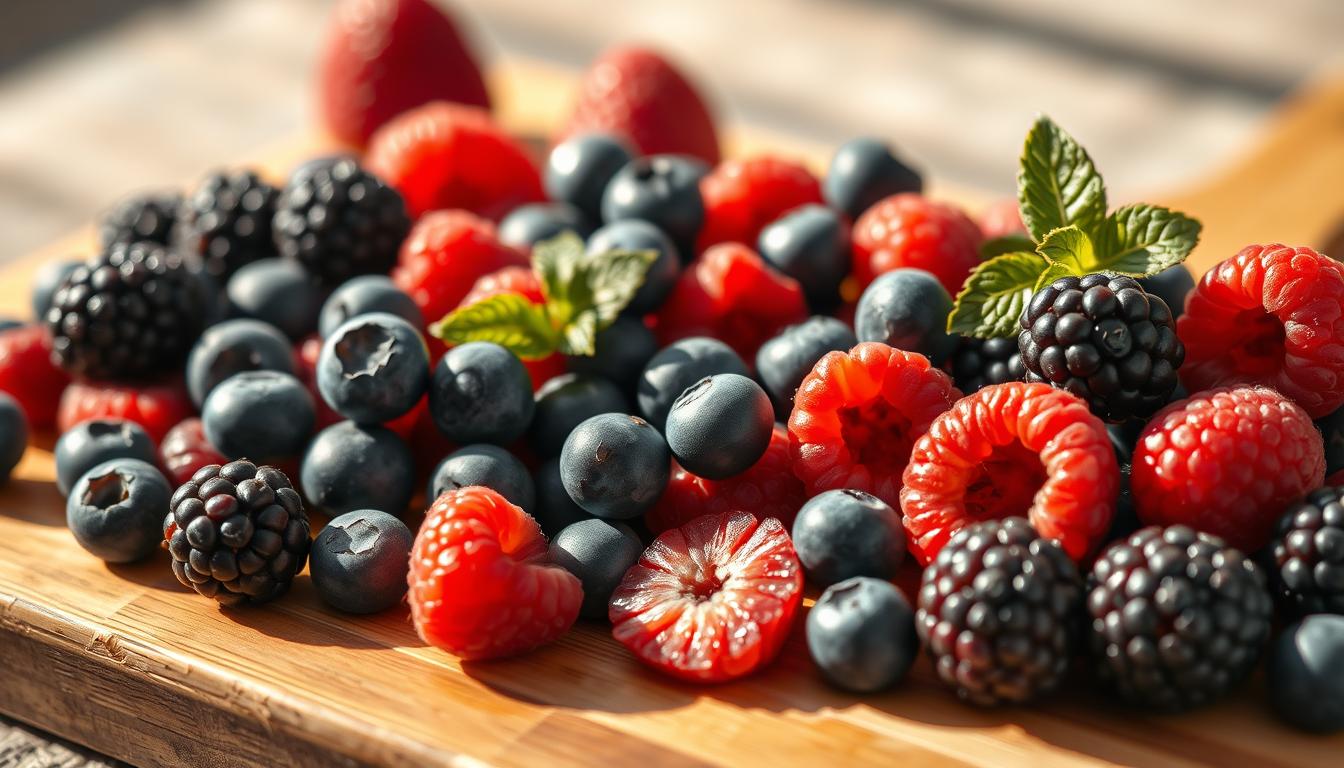 A visually appetizing, high-resolution photograph of a variety of fresh, juicy berries - such as blueberries, raspberries, and blackberries - artfully arranged on a wooden cutting board or rustic table. The berries are highlighted by warm, natural lighting that casts gentle shadows, conveying a sense of nourishment and vitality. The composition features a mix of whole and sliced berries, creating visual interest and highlighting their vibrant colors and textures. The background is blurred, placing the focus on the delectable berry display that would be perfect to showcase in a healthy recipe article.