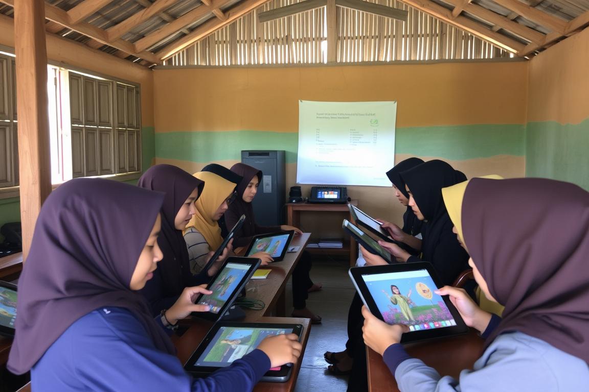 Students using the Ruang Kelas Digital hybrid offline-online e-learning platform in a remote Indonesian village