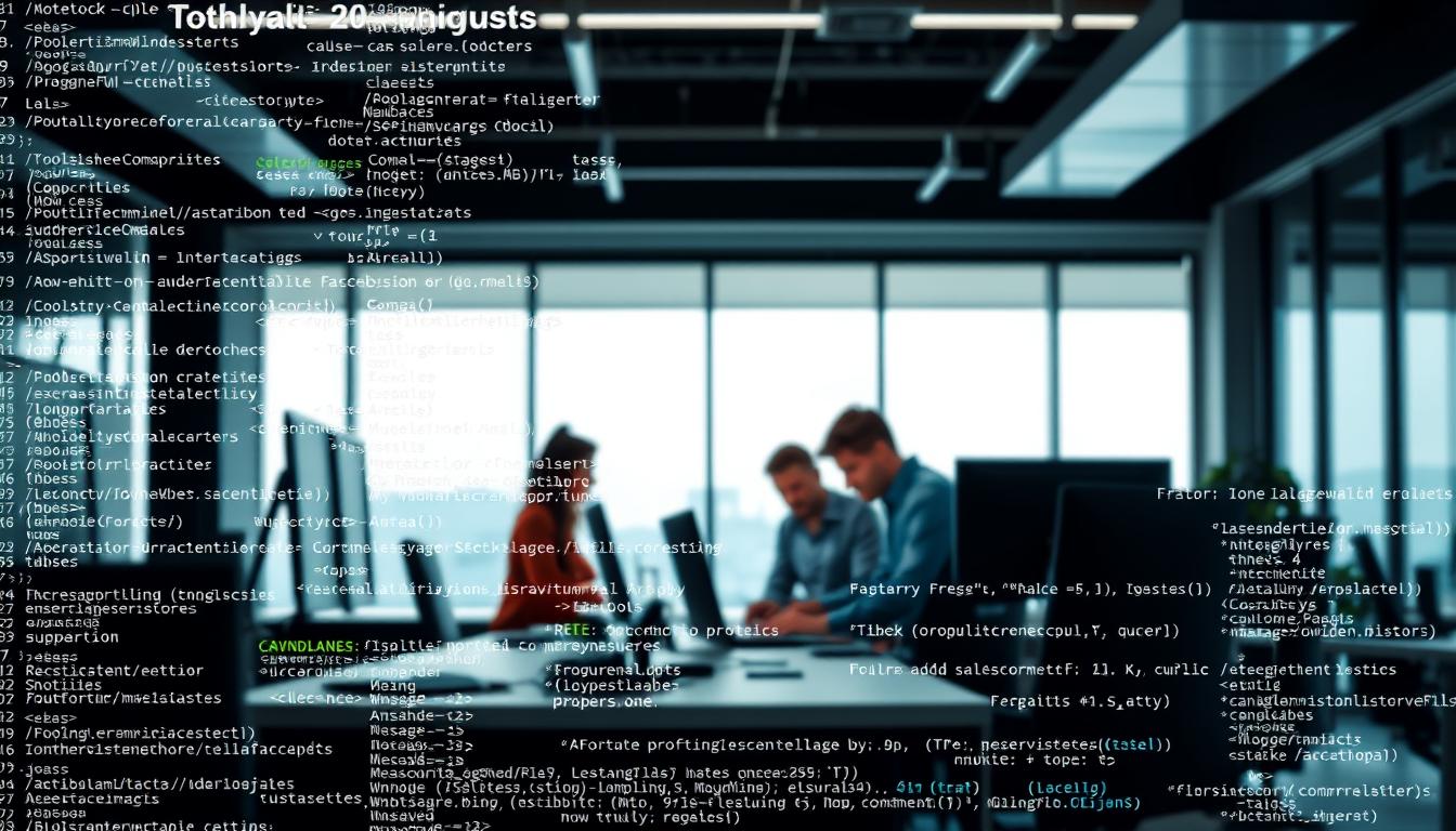 A high-quality, detailed image of programming languages, showcasing their diversity and significance in the computer systems industry. The foreground features various coding syntaxes, algorithms, and data structures, rendered with a clean, minimalist aesthetic. The middle ground depicts a group of software developers collaborating on a complex project, their expressions conveying focus and determination. The background showcases a sleek, modern office environment, with large windows providing ample natural lighting and a sense of professionalism. The overall mood is one of technological innovation, problem-solving, and the pursuit of excellence in the field of computer systems.
