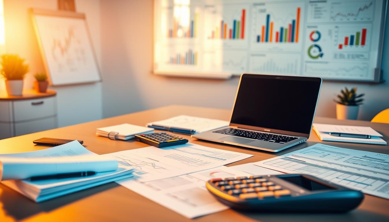 A neatly organized office desk with a laptop, calculator, and financial documents. Warm golden lighting illuminates the scene, casting a professional and focused atmosphere. In the background, a whiteboard displays financial charts and graphs, highlighting the analytical and strategic aspects of financial management. The overall composition conveys the intersection of technology, data analysis, and decision-making that is central to the field of financial management.