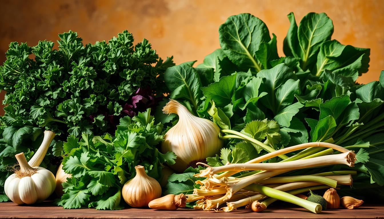 A vibrant still life showcasing an assortment of lush, nutrient-dense green vegetables and leafy greens, arranged against a warm, earthy backdrop. The scene is bathed in soft, natural lighting, casting gentle shadows and highlights that accentuate the textures and vibrant hues of the produce. In the foreground, a selection of prebiotics such as garlic, onions, and chicory roots are prominently featured, complementing the greens and emphasizing the synergistic relationship between these foods and a healthy gut microbiome. The overall composition conveys a sense of nourishment, vitality, and the benefits of incorporating these powerful, prebiotic-rich ingredients into one's diet.
