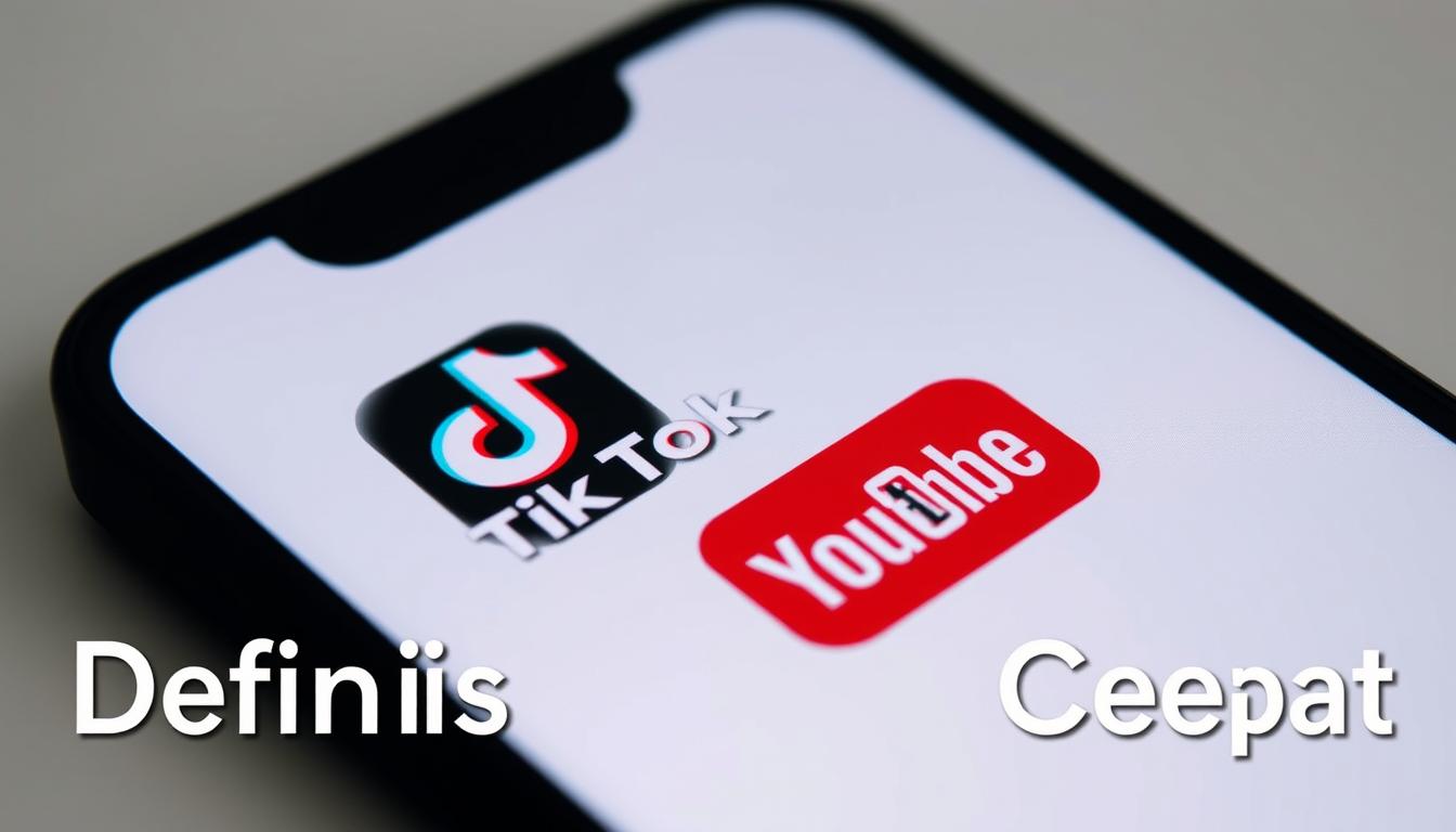 A visually striking close-up of a smartphone screen displaying the TikTok and YouTube Shorts app logos in a clean, minimalist design. The screen is set against a neutral background, with soft, directional lighting illuminating the vibrant colors and crisp details of the app icons. The composition creates a sense of focus and simplicity, emphasizing the core subject matter and conveying a modern, digital aesthetic that aligns with the "Definisi Cepat" section title.