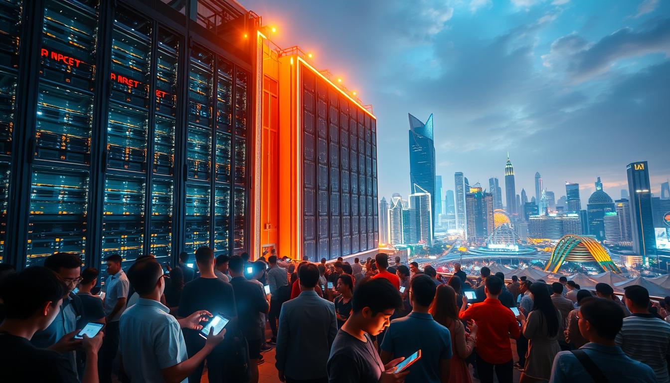 A bustling digital landscape, illuminated by the warm glow of technology. In the foreground, a diverse group of individuals immersed in their digital devices, representing the growing demand for skilled digital talent in Indonesia. The middle ground showcases a towering data center, symbolizing the vast infrastructure required to support the nation's digital transformation. In the background, a vibrant cityscape with towering skyscrapers and a futuristic skyline, signifying the rapid advancement of Indonesia's digital economy. The scene is captured with a cinematic wide-angle lens, creating a sense of scale and emphasizing the overwhelming need for digital skills to meet the challenges and opportunities of the digital era.