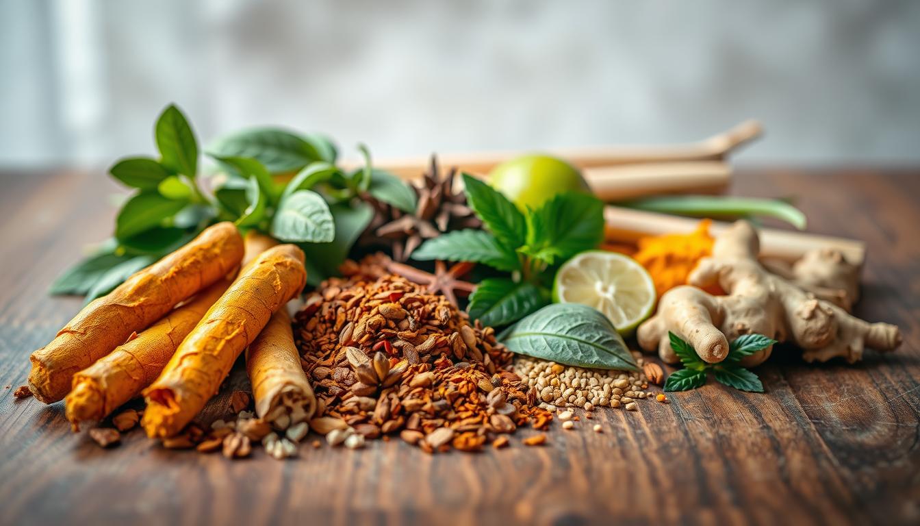 A neatly arranged wooden table showcases an assortment of fresh, aromatic spices and herbs. In the foreground, a vibrant blend of turmeric, cumin, coriander, and ginger roots are carefully displayed, their warm hues and intricate textures inviting the viewer to imagine the flavorful dishes they can create. In the middle ground, a selection of fragrant leaves, such as bay, lemongrass, and kaffir lime, add depth and complexity to the scene. The background features a softly diffused, natural light that bathes the arrangement in a gentle, soothing glow, evoking a sense of wholesome, healthy cuisine. The overall mood is one of culinary inspiration and the celebration of the role that these vibrant, nutrient-rich spices and herbs play in crafting delicious, nourishing meals for the family.