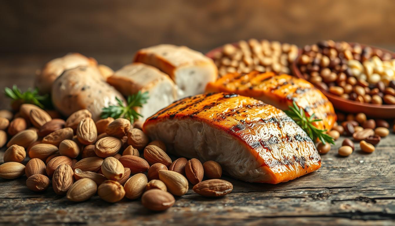 A close-up still life showcasing an assortment of heart-healthy protein sources, artfully arranged on a rustic wooden table. In the foreground, a variety of nuts, including almonds, walnuts, and cashews, are carefully displayed. In the middle ground, lean cuts of grilled chicken and baked salmon filets are prominently featured, their natural textures and colors accentuated by strategic lighting. The background features a selection of legumes, such as lentils, chickpeas, and kidney beans, against a muted, earthy backdrop, conveying a sense of balance and nutrition. The overall scene is bathed in warm, natural lighting, evoking a sense of wholesomeness and vitality, perfectly suited to illustrate the healthy protein sources that support heart health.