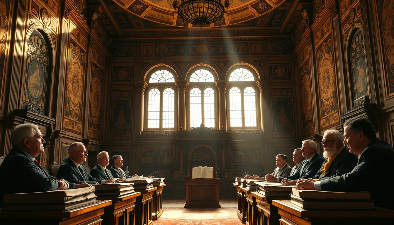 A grand, stately hall with ornate architectural features and intricate tapestries adorning the walls. In the center, an array of ancient tomes and scrolls on podiums, casting a warm, scholarly glow. Sunlight streams through tall, arched windows, illuminating a panel of distinguished figures debating the intricacies of constitutional frameworks. Their expressions are intense, yet contemplative, as they compare the nuances of Islamic and secular governance. The scene evokes a sense of historical significance and intellectual discourse, captured in a cinematic, high-resolution style.